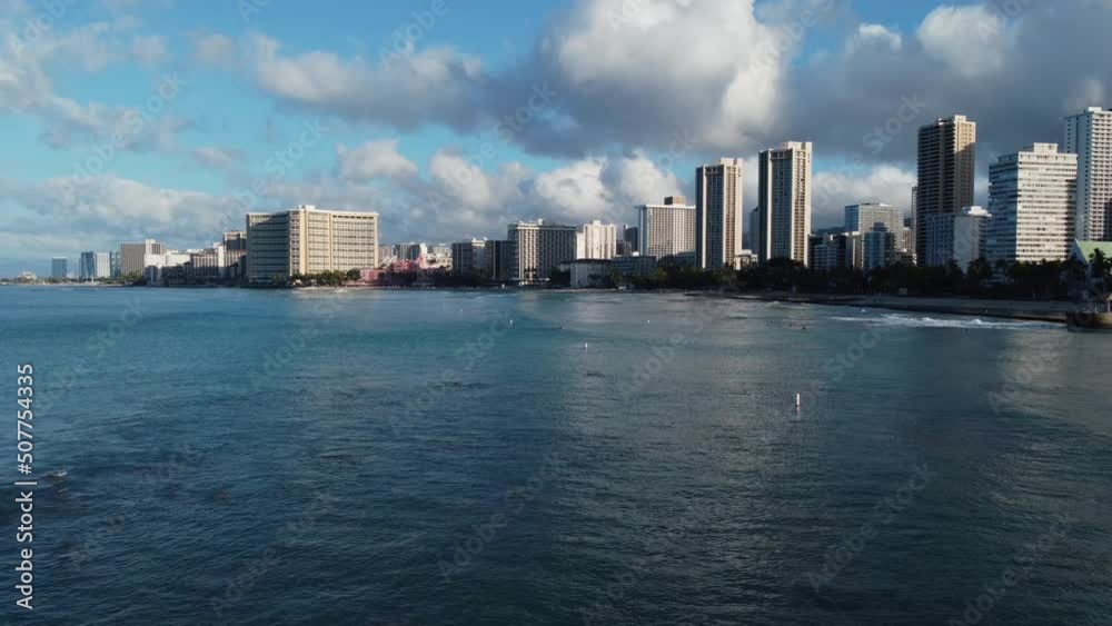 4K cinematic drone shot of Waikiki Beach and hotels from right over the water as waves crash in Oahu. This tropical Hawaiian cityscape was filmed using a DJI Mini 2 drone. 4K cinematic drone shot of Waikiki Beach and hotels from right over the water as waves crash in Oahu. This tropical Hawaiian cityscape was filmed using a DJI Mini 2 drone.