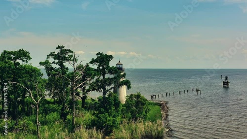 Aerial view of the Tchefuncte River Light Station at Lake Pontchartrain in Louisiana photo