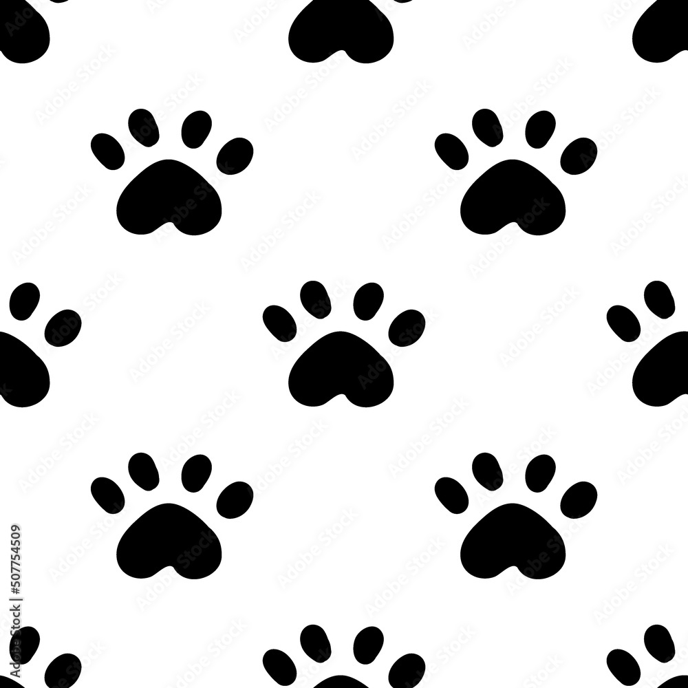 Fototapeta premium Black cat seamless pattern. Meow and cat paws background vector illustration. Cute cartoon pastel character for nursery girl baby print.
