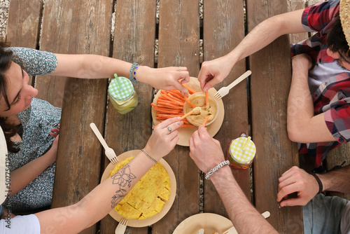 Group of happy friends taking hummus with carrot sticks in a park having picnic on a sunny summer day. Top view. photo