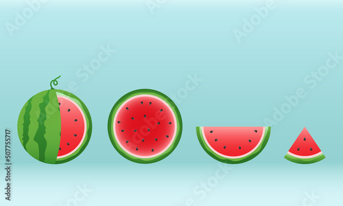 Watermelon and juicy slices vector set, flat design of green leaves and watermelon flower illustration, Fresh and juicy fruit concept of summer food.