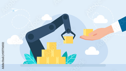 Automatic production conveyor. Cooperation of man and robotic hand. Automatic machine. Automation of production and delivery. Robotic arm. Industry concept. Flat Style. Business illustration 