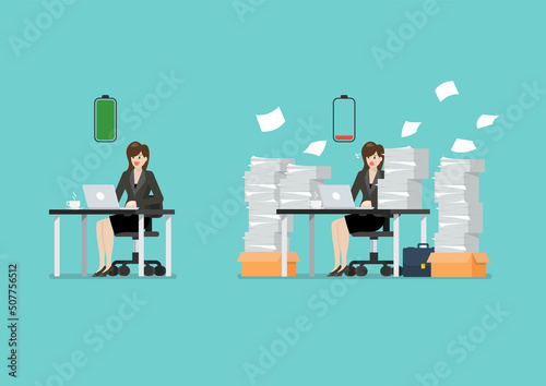 Full battery woman and low battery woman sitting at table with laptop and pile of papers