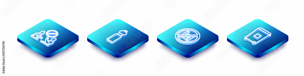 Set Isometric line Stop plastic pollution, Bottle of water, Say no bags poster and Trash can icon. Vector Set Isometric line Stop plastic pollution, Bottle of water, Say no bags poster and Trash can icon. Vector