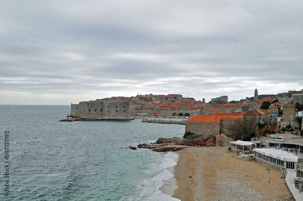 A picture of picturesque Dubrovnik in Croatia showing the colourful old town and the harbour 