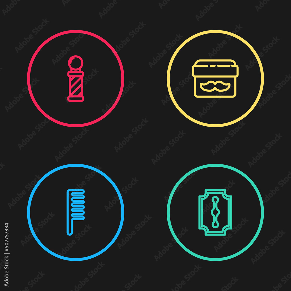 Set line Hairbrush, Blade razor, Cream lotion cosmetic jar and Classic Barber shop pole icon. Vector Set line Hairbrush, Blade razor, Cream lotion cosmetic jar and Classic Barber shop pole icon. Vector
