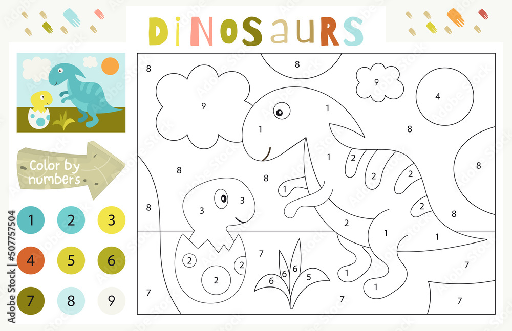 Dinosaurs activities for kids. Color by numbers – cute little dinosaur and baby dino in egg. Logic games for children. Coloring page. Vector illustration.
