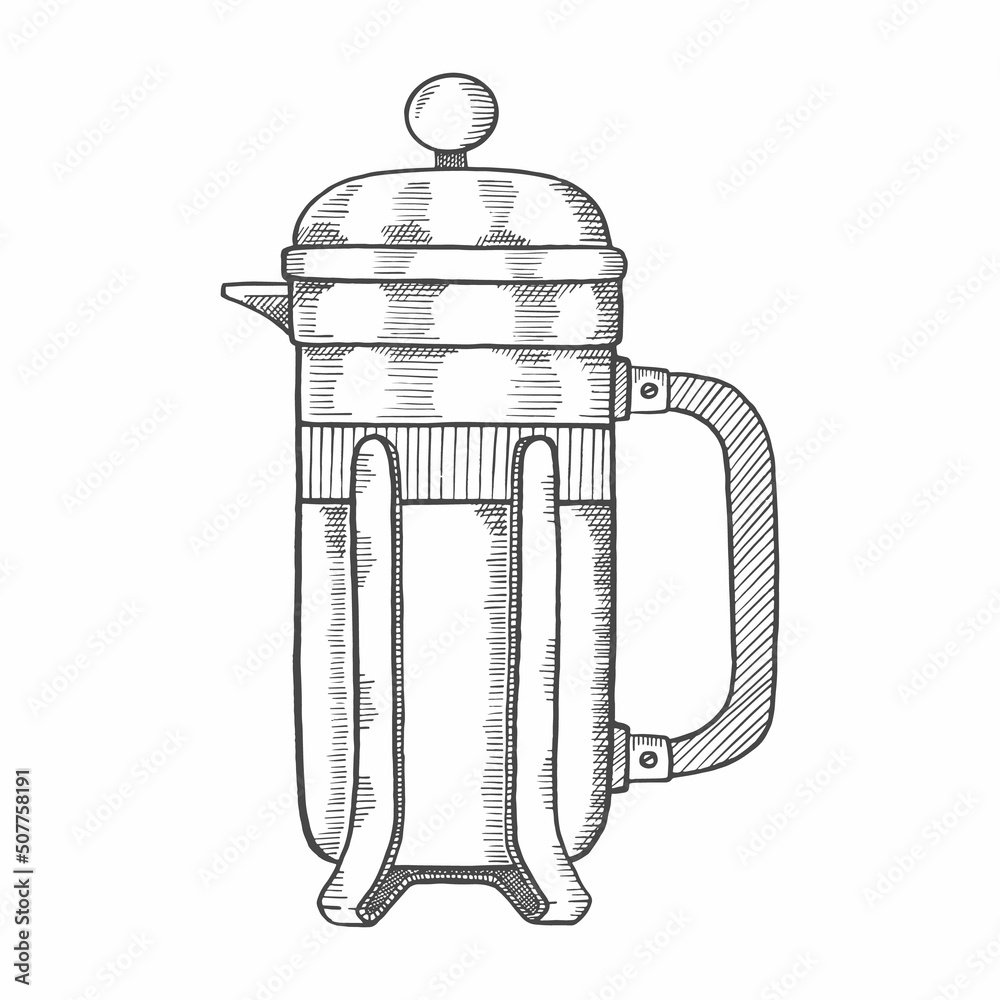 coffee french press brew lover single isolated hand drawn sketch with outline style coffee french press brew lover single isolated hand drawn sketch with outline style