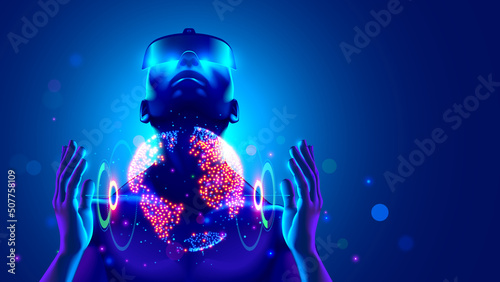 Virtual reality digital technology concept. Man wearing 3d VR headset glasses looks up, holds the globe in his hands of digital world. Virtual reality, Augmented reality or AR in metaverse simulation