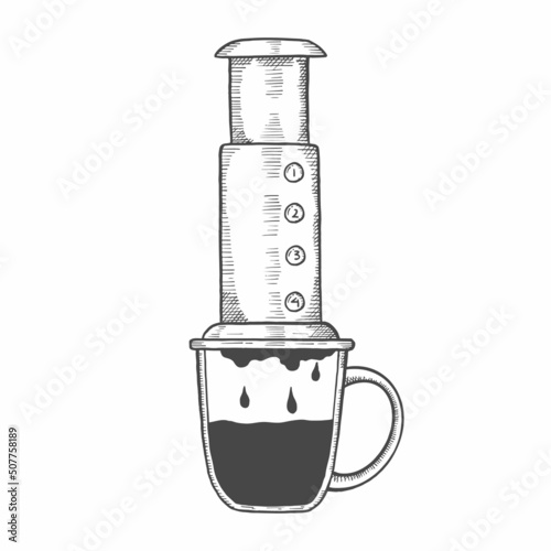 coffee aeropress brew lover single isolated hand drawn sketch with outline style