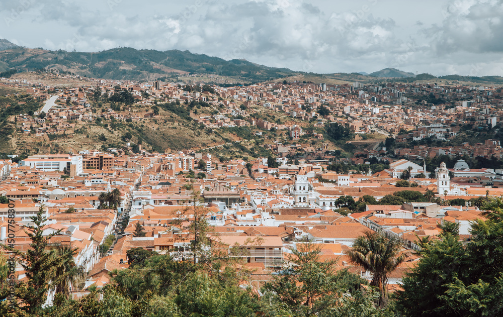 Panoramic aerial view of the city of Sucre, Bolivia from Recoleta Monastery viewpoint