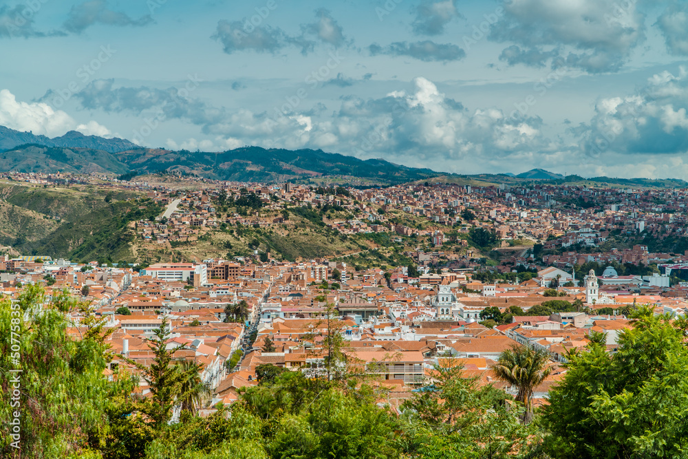 Panoramic view of the city of Sucre, Bolivia from Recoleta Monastery viewpoint