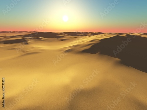 Dunes at sunset  sand desert  beautiful sunset over the desert  sun over sandy waves  3d rendering