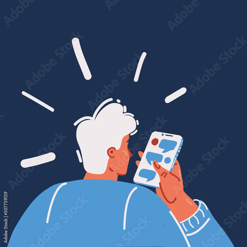 Cartoon vector illustration of Man holding smartphone, back view. Phone, Internet User.