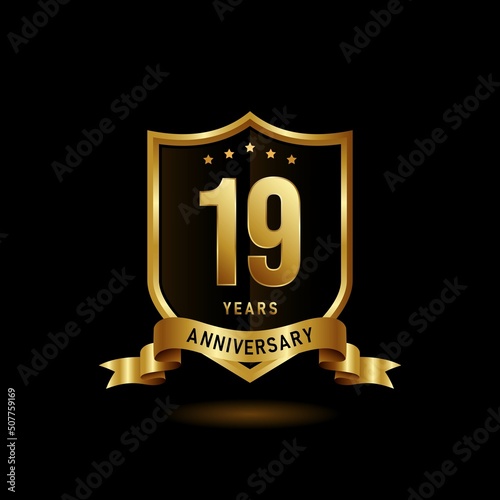 19 years anniversary logo with golden shield and ribbon for booklet, leaflet, magazine, brochure poster, banner, web, invitation or greeting card. Vector illustrations.