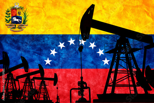 Oil pump jack on flag of Venezuela. Venezuelan petroleum photo