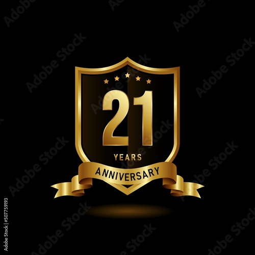 21 years anniversary logo with golden shield and ribbon for booklet, leaflet, magazine, brochure poster, banner, web, invitation or greeting card. Vector illustrations.