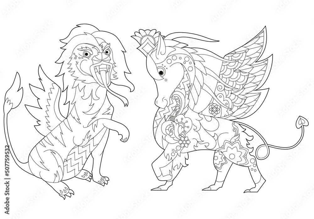 Set with fancy dragons on white background. Contour illustration for coloring book with fantasy reptile. Line art design for adult or kids in zentangle style, tattoo and coloring page. Set with fancy dragons on white background. Contour illustration for coloring book with fantasy reptile. Line art design for adult or kids in zentangle style, tattoo and coloring page.