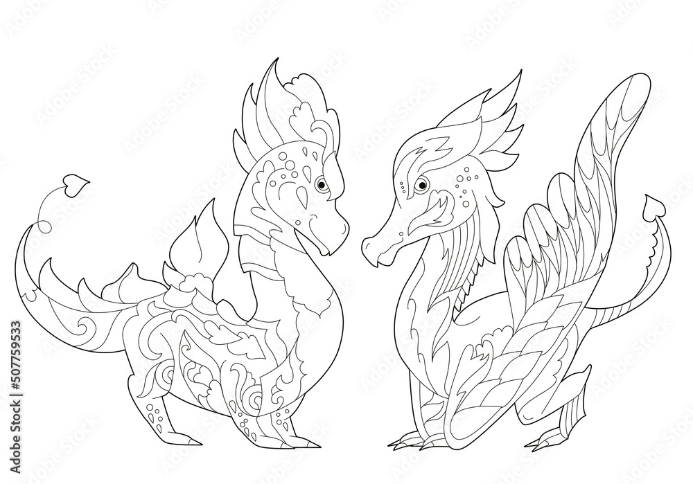 Set with fancy dragons on white background. Contour illustration for coloring book with fantasy reptile. Line art design for adult or kids in zentangle style, tattoo and coloring page. Set with fancy dragons on white background. Contour illustration for coloring book with fantasy reptile. Line art design for adult or kids in zentangle style, tattoo and coloring page.