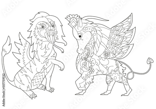 Set with fancy dragons on white background. Contour illustration for coloring book with fantasy reptile.  Line art design for adult or kids in zentangle style  tattoo and coloring page.