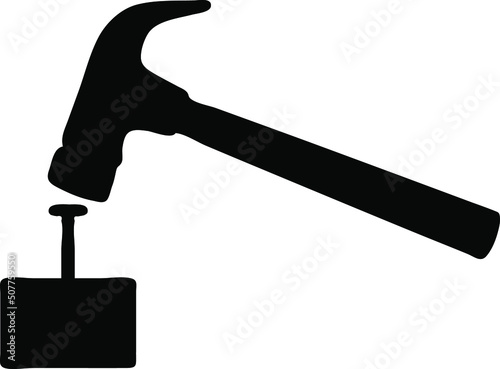 Hammer and nail silhouette vector, isolated on white background, drive a nail concept, fill with black color, hammer icon, symbol idea, side view