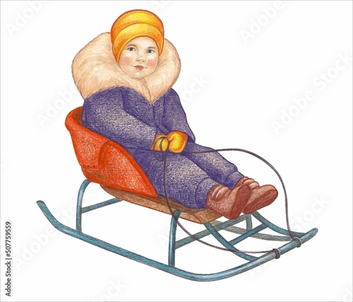 A cute little girl is sledding. Winter, January. Watercolor retro illustration for the design of postcards. Vector on an isolated background.