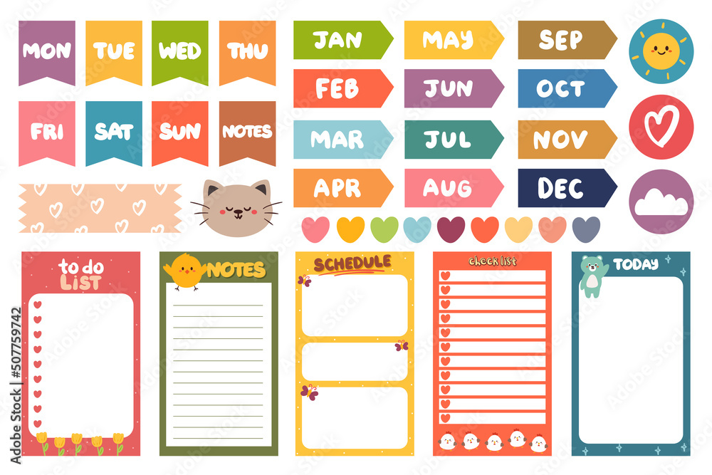 Vecteur Stock Collection of weekly or daily planner sticker, to do list,  stickers templates. School scheduler and organizer | Adobe Stock