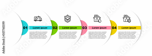 Set line Emergency car, Graduation cap with shield, House flood and Fire in burning house. Business infographic template. Vector