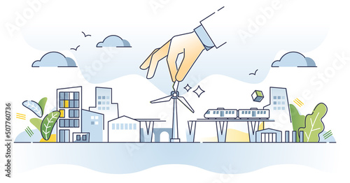 Green infrastructure planning with sustainable city power outline concept. Alternative electricity source for environmental CO2 free wind turbines vector illustration. Ecological urban organization.