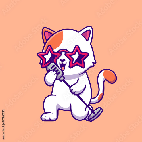 Cute Cat Singing With Microphone Cartoon Vector Icon Illustration. Animal Music Icon Concept Isolated Premium Vector. Flat Cartoon Style