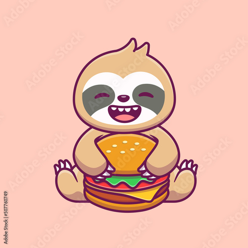 Cute Sloth Eating Burger Cartoon Vector Icon Illustration. Animal Food And drink Icon Concept Isolated Premium Vector. Flat Cartoon Style photo