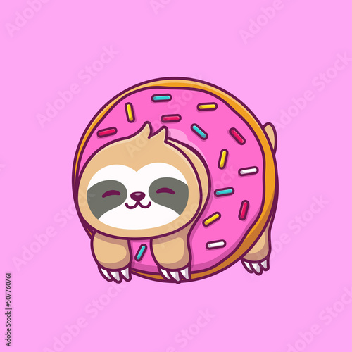 Cute Sloth With Doughnut Cartoon Vector Icon Illustration. Animal Food And Drink Icon Concept Isolated Premium Vector. Flat Cartoon Style