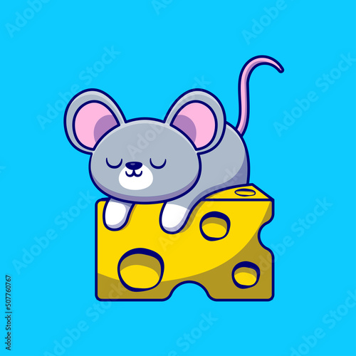 Cute Mouse Sleeping On The Cheese Cartoon Vector Icon Illustration. Animal Food Icon Concept Isolated Premium Vector. Flat Cartoon Style