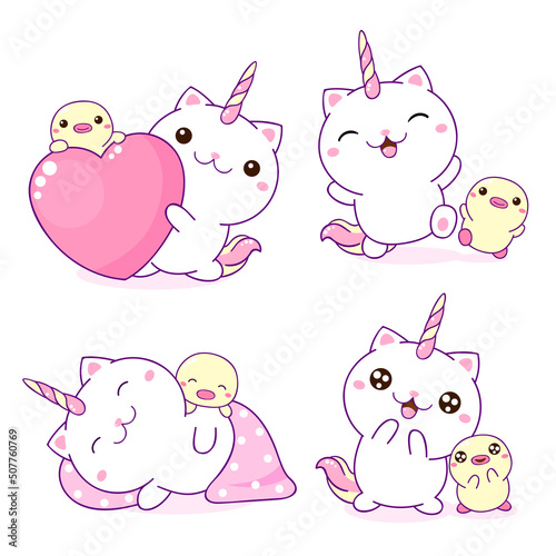 Set of kawaii caticorn and duckling. Cute little friends - duck and caticorn playing, sleeping, with heart. Vector illustration EPS8 photo