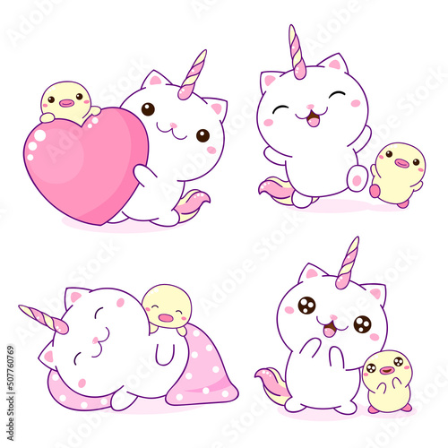 Set of kawaii caticorn and duckling. Cute little friends - duck and caticorn playing, sleeping, with heart. Vector illustration EPS8