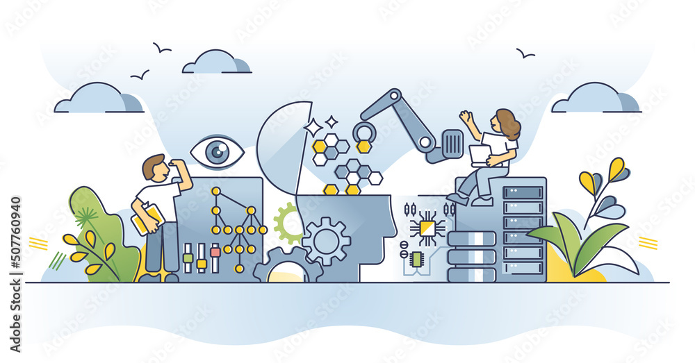 Machine learning and artificial intelligence technology outline concept. Futuristic robot development with cyber thinking and big data analysis algorithm vector illustration. AI automation scientists. Machine learning and artificial intelligence technology outline concept. Futuristic robot development with cyber thinking and big data analysis algorithm vector illustration. AI automation scientists.