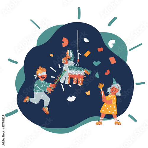 Cartoon vector illustration of Pinata Hitting Little Boy And Girl On Party. Small Schoolboy And Schoolgirl On Mexican Traditional Event. Happy Characters Children