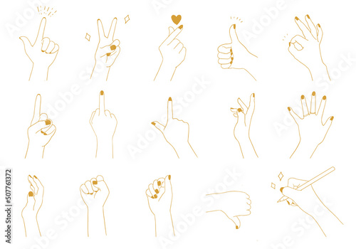 様々な種類のハンドサイン、ハンドポーズ、手のポーズの線画のベクターイラスト(sign,icon,set,collection,line art,line,good,Rock-paper-scissors,heart,finger,sketch)