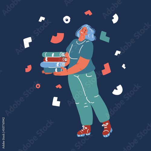 Cartoon vector illustration of girl with a stack of books. Woman. Education and learning concept. I love reading. Book festival