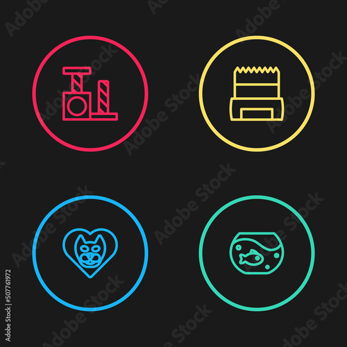 Set line Heart with cat, Aquarium fish, Dog shit in bag and Cat scratching post icon. Vector