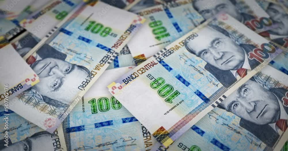 Peru Sol growing pile of money. PEN banknotes loop rotaring. Seamless and looped background concept of finance, economy crisis, inflation and business. Peru Sol growing pile of money. PEN banknotes loop rotaring. Seamless and looped background concept of finance, economy crisis, inflation and business.