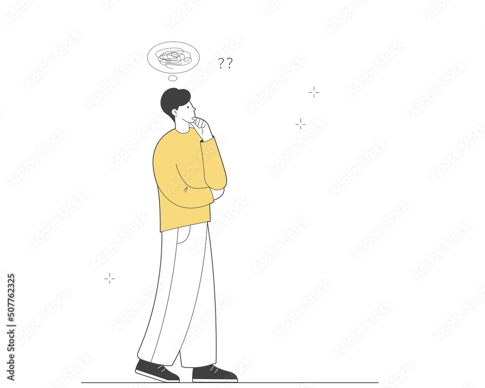 Obraz premium Thoughtful character is looking for solution. Problem solving and choice. Person thinks. Outline illustration