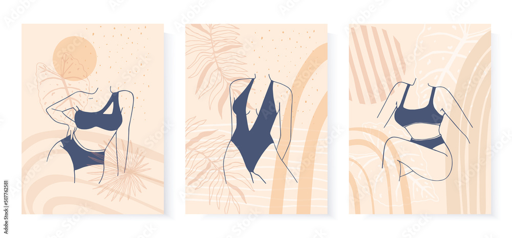 Set with abstract poster with woman in swimsuit. Female body in lingerie in minimalist boho style.
