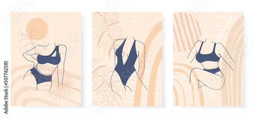Set with abstract poster with woman in swimsuit. Female body in lingerie in minimalist boho style.