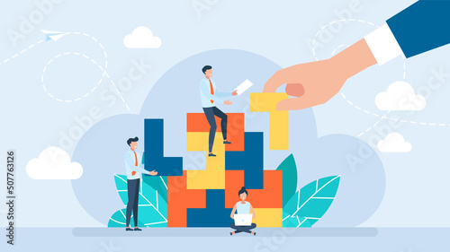 Tiny characters build business blocks. Hand puts part structure. Orderly system, structure. Conceptual planning, teamwork, business support, building. Vector illustration for UI, app, web. Flat design