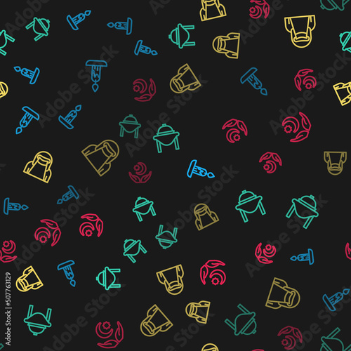 Set line Burning candle, Table food, Muslim woman niqab and Star crescent on seamless pattern. Vector
