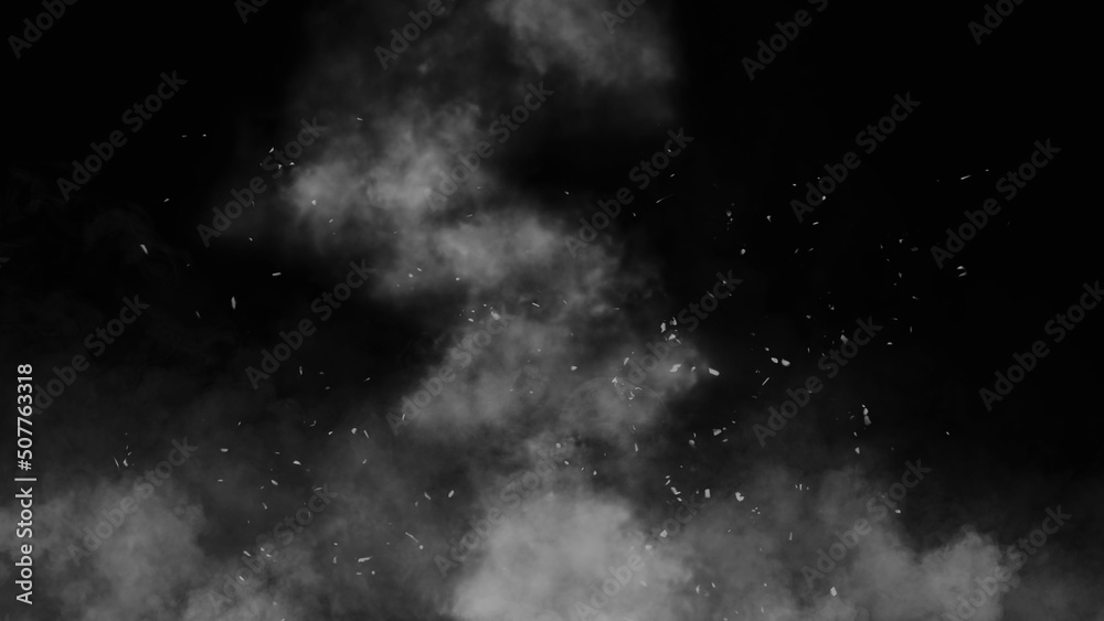 Black and white Fire embers particles texture overlays . Burn effect on isolated black background. Concept of particles , sparkles, flame and light. Stock illustration.