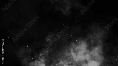 Black and white Fire embers particles texture overlays . Burn effect on isolated black background. Concept of particles , sparkles, flame and light. Stock illustration.