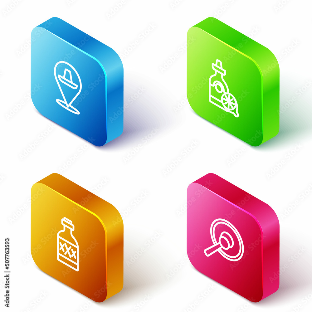 Set Isometric line Mexican sombrero, Tequila bottle with lemon, and Gong icon. Vector Set Isometric line Mexican sombrero, Tequila bottle with lemon, and Gong icon. Vector