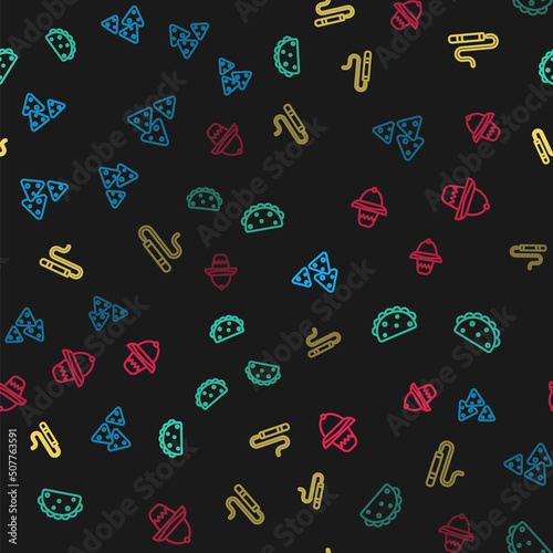 Set line Nachos, Taco with tortilla, Cigar and Mexican sombrero on seamless pattern. Vector